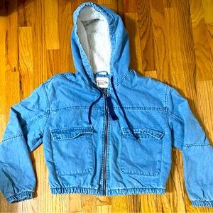 Ashley Vintage Charm Sherpa Trucker Denim Blue Jacket Womens Size L Hooded
